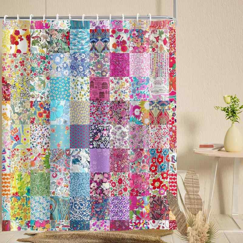 シャワーカーテン 防水 ボヘミアン パッチワーク 花柄 春夏 ポリエステル フック付き おしゃれ バスルーム インテリア 浴室用カーテン セット