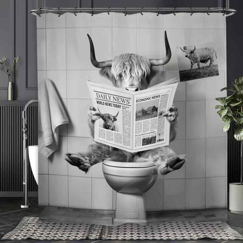 シャワーカーテン 防水 防カビ ハイランドカウ 雄牛 動物柄 おしゃれ 面白い カントリー風 農場 新聞柄 レトロ ヴィンテージ風 ポリエステル製 フック付き バスルーム 目隠し 間仕切り