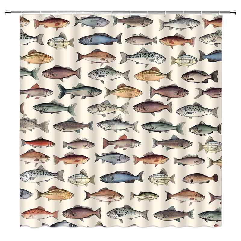 シャワーカーテン レトロ 魚柄 フック付き ポリエステル製 カントリー ファームハウス コテージ 釣り 湖畔小屋 ハンティング キャンプ RV セット