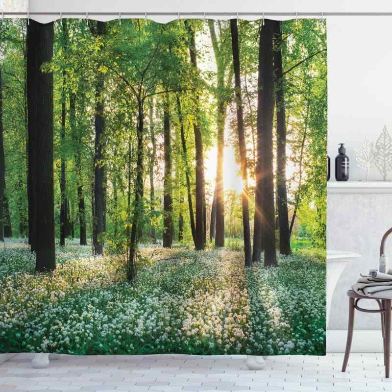 シャワーカーテン バスカーテン 森林柄 自然風景 野花 咲き誇るワイルドフラワー おしゃれ かわいい デザイン 布製 ポリエステル製 撥水加工 防カビ加工 目隠し 間仕切り