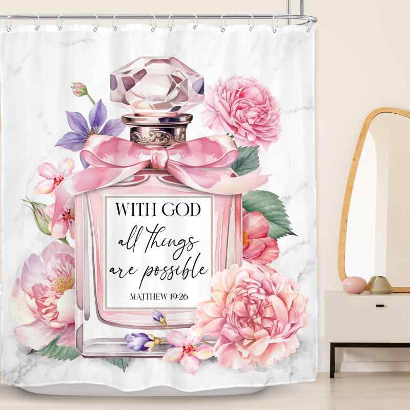 シャワーカーテン ガーリー 防水 防カビ モダン おしゃれ ピンク 花柄 ロマンティック エレガント 香水瓶 デザイン バスルーム用 ポリエステル製