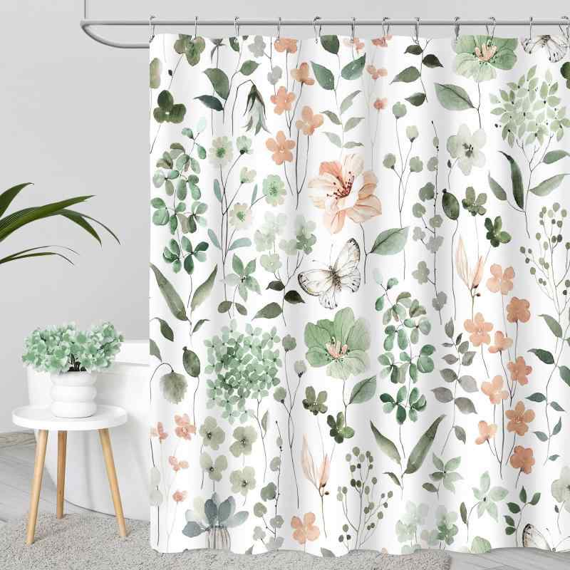 シャワーカーテン セージグリーン 花柄 フラワー ワイルドフラワー ボタニカル 蝶 バタフライ ポリエステル製 布製 モダン シンプル おしゃれ 浴室 バスルーム 間仕切り フック付き 春夏