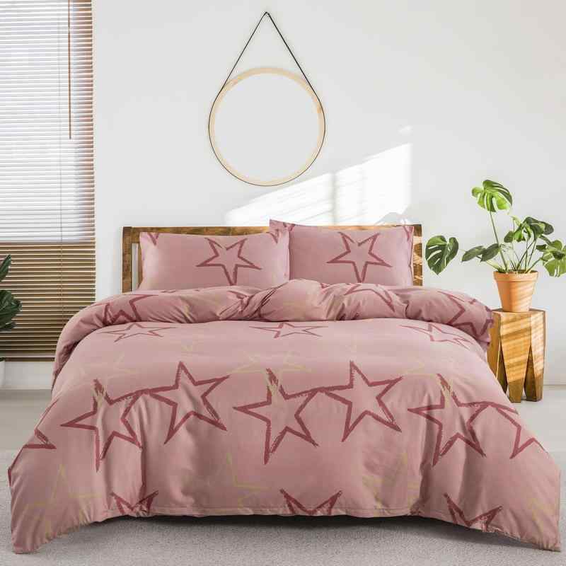 布団カバーセット レディース 北欧風 ピンク 星柄 ピーチスキン加工 なめらか肌触り ポリエステル 3点..