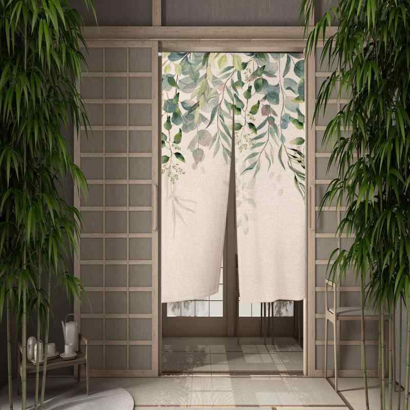 のれん 間仕切り 目隠し 風よけ対策 水彩 ユーカリ 緑の葉 植物柄 ボタニカル 新中式 和モダン ポリエステル製 ドアカーテン 暖簾 キッチン 寝室 玄関 リビング ダイニング 書斎用