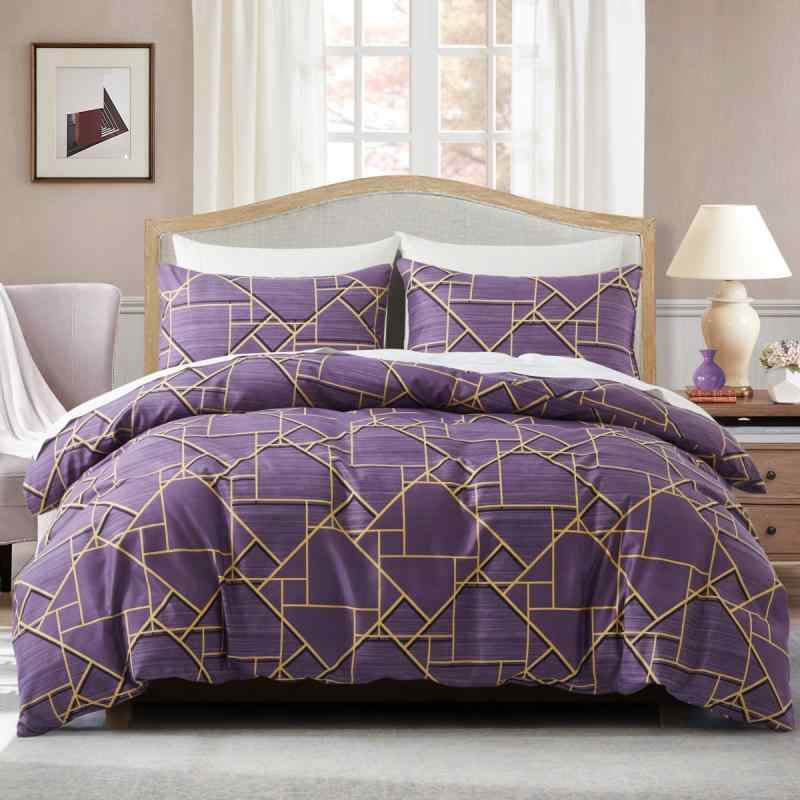 布団カバー パープル ハニカム柄 ゴールドライン 幾何学模様 北欧スタイル ポリエステル ピーチスキン加工 活性染料プリント 3点組