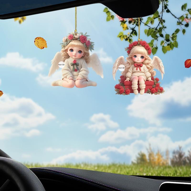 オーナメント バレンタインデー ローズ エンジェルベビー 2D アクリル プリントデザイン 車用 インテリア かわいい 羽 キャラクター(x2)
