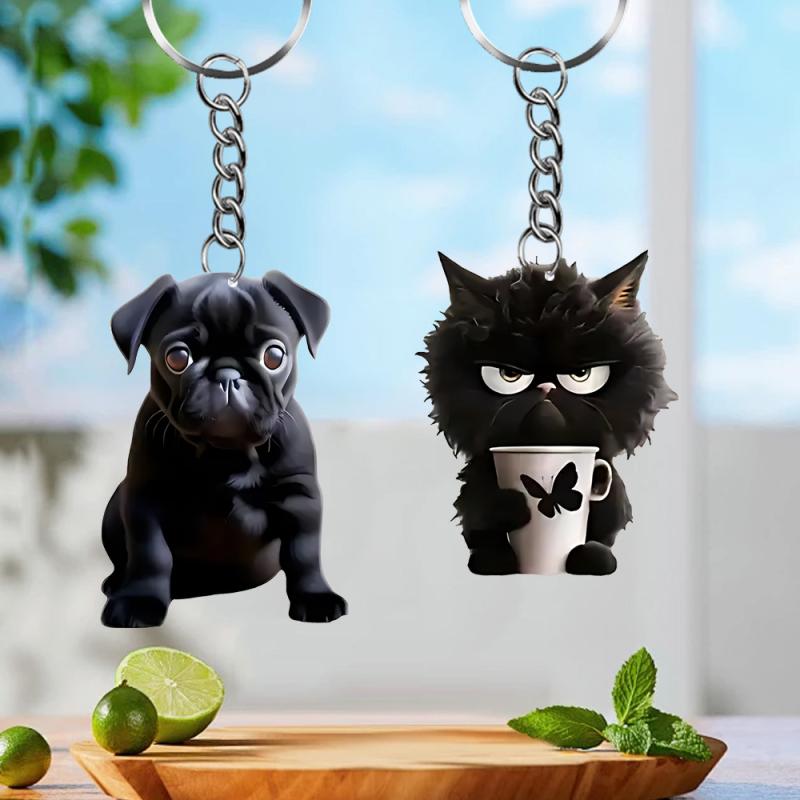 キーホルダー チャーム 黒猫 黒犬 むすっと顔 カートゥーン アニマル かわいい アクリル製 ミニマスコ..