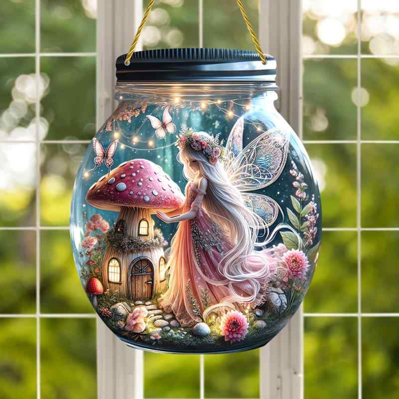 オーナメント 羽根付き アクリル製 きのこ妖精 天使モチーフ かわいい 丸型 彩色 プリンセス風 窓飾り ..