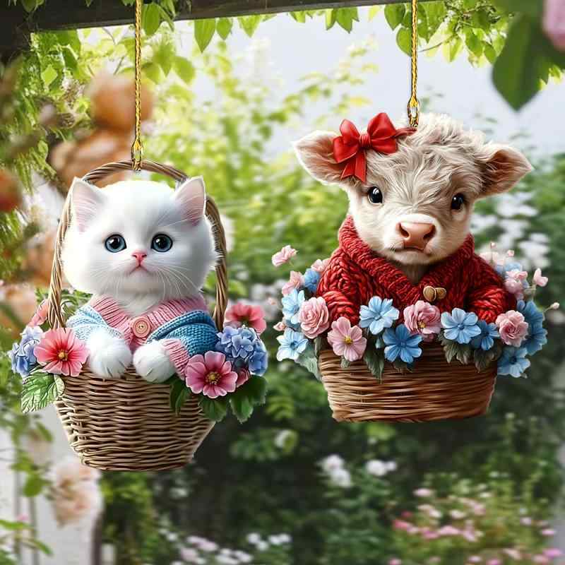 キーホルダー 個性的 かわいい カートゥーン 猫 子牛 花かご アクリル製 ラッキーアイテム 車用チャーム ストラップ カーアクセサリー 車窓飾り(x2)