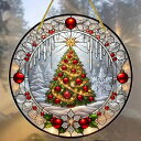 クリスマス飾り サンキャッチャー ガラス調 アクリル製 円形 クリスマスツリーモチーフ 窓飾り 吊り下げ おしゃれ きらめく光のインテリア ギフト(x2)