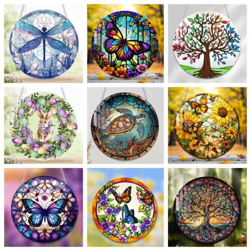 壁飾り 春夏 玄関 リビング インテリア 壁掛け アクリル製 カラフル 生命の樹 海亀 蝶 トンボ 動物 植..