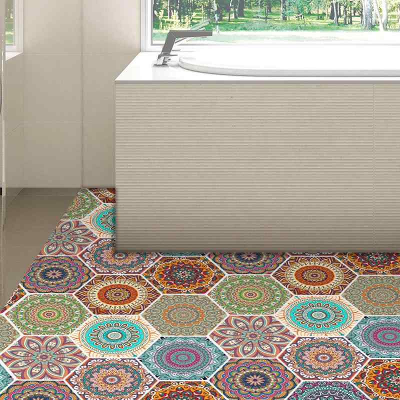 タイルシール ウォールステッカー フロアシート ボヘミアン柄 六角形 防水 防湿 防汚 防カビ 滑り止め PVC 浴室 キッチン トイレ リビング 寝室 玄関 店舗用 床 壁 DIY リメイクシート ミックスカラー おしゃれ