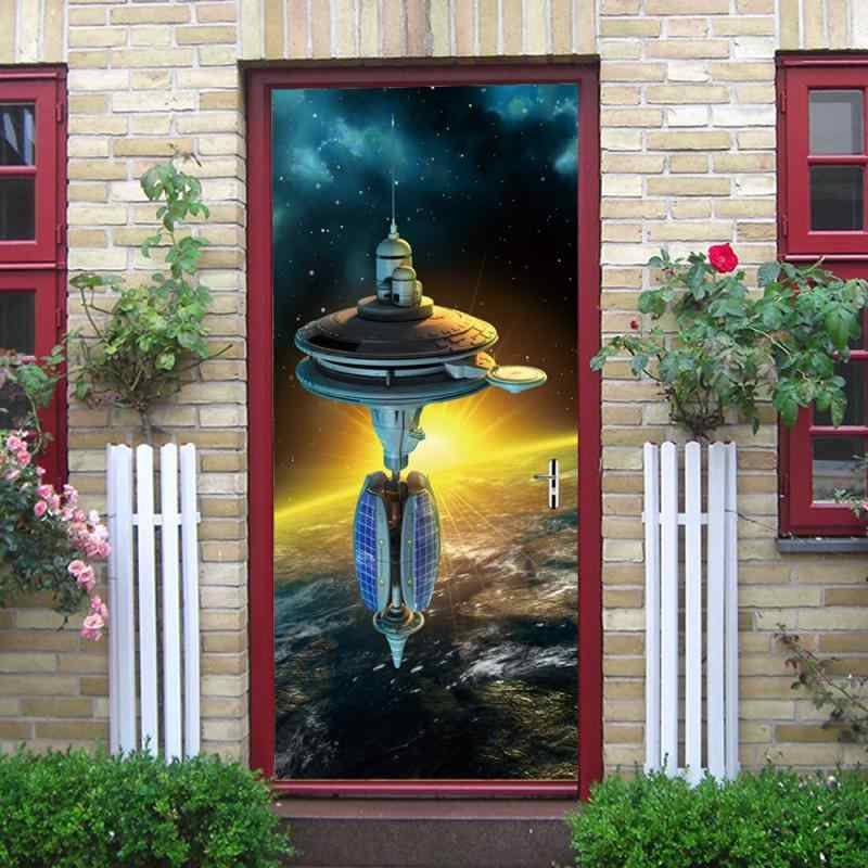 ドアステッカー 3D効果 宇宙 衛星柄 自己粘着式 剥がせる リフォーム 模様替え おしゃれ ユニークデザ..