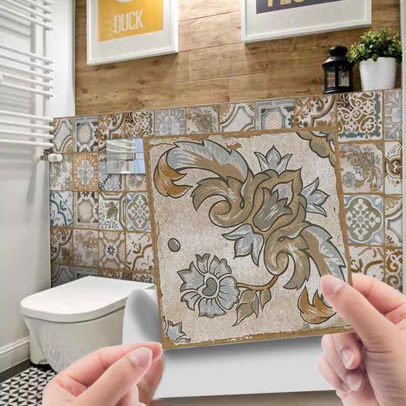 タイルシール 貼って剥がせる 防水加工 自粘着 レトロ アンティーク風 カラフル 花柄 幾何学模様 DIY 壁紙 ウォールステッカー リメイクシート 玄関 リビング キッチン 洗面所 トイレ
