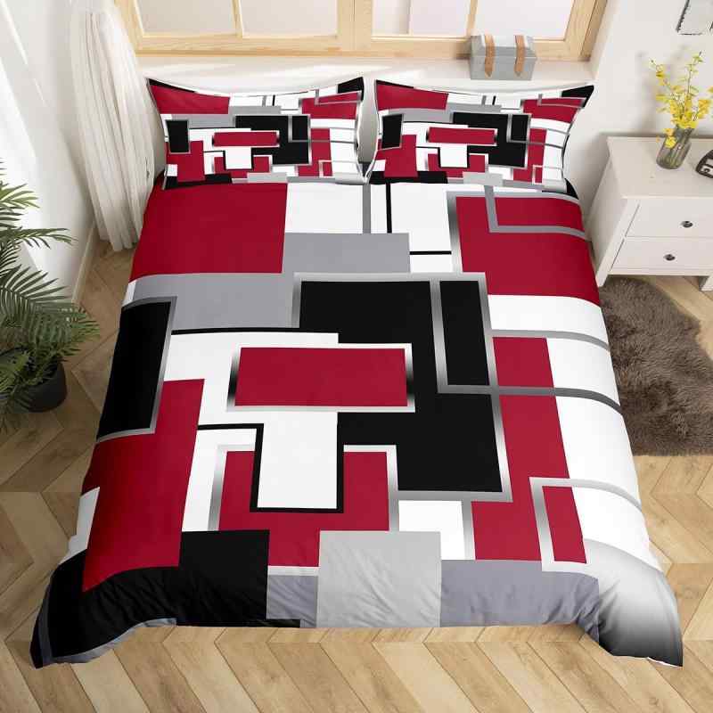 布団カバーセット 男女兼用 ユニセックス 3点セット 赤 黒 幾何学模様 抽象デザイン モダン シンプル デジタルプリント ポリエステル素材 寝室用 ベッドルーム インテリア(3)