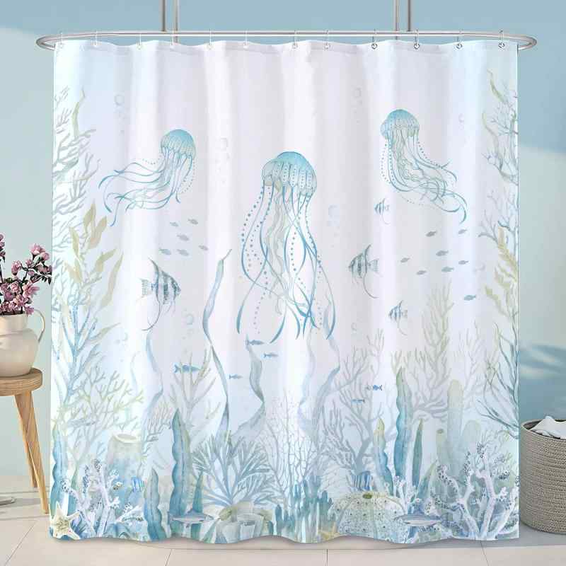 シャワーカーテン マリン クラゲ柄 海洋生物 ブルーグリーン 春夏 清涼感 フック付き ビーチ リゾート テイスト バスルーム 浴室用 目隠し 間仕切り ポリエステル素材 おしゃれ インテリア