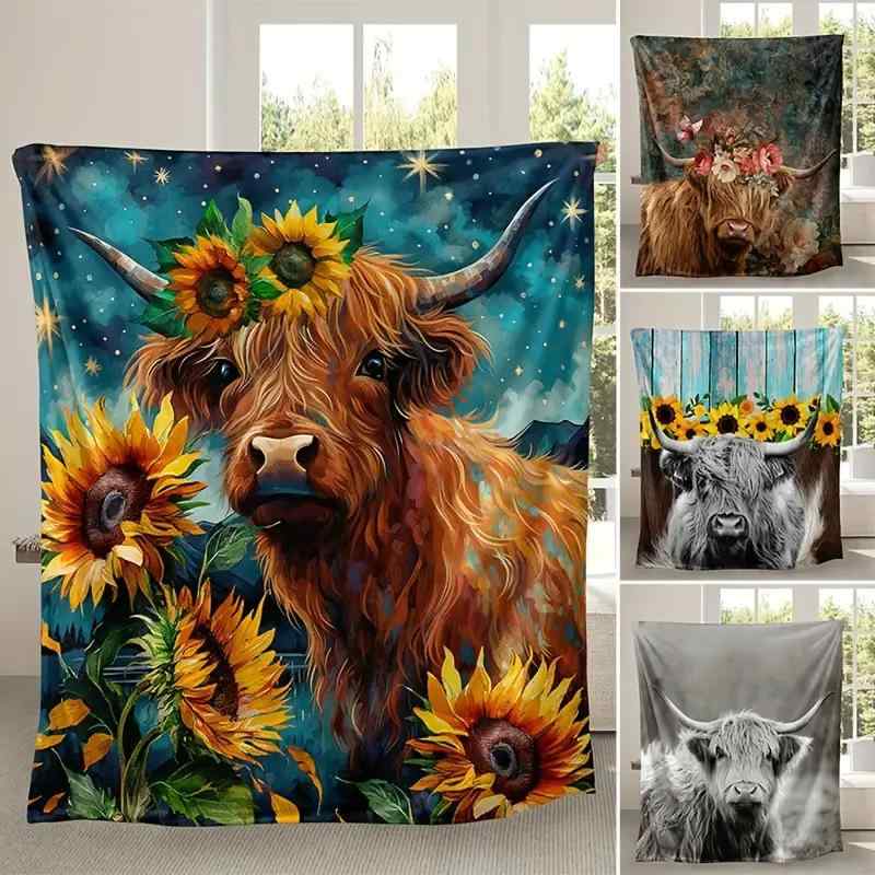 毛布 ハイランドカウ プリント フランネル素材 ふわふわ 暖かい 軽量 洗える クラシック カントリー風 ..