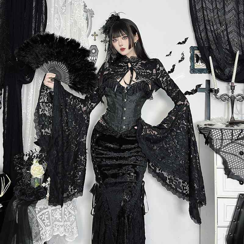 ボレロ レディース レース ショート丈 長袖 フレアスリーブ スタンドカラー 花柄 シアー セクシー ダーク ゴシック ストリート サブカル 着回し 春夏 スリムフィット(4)