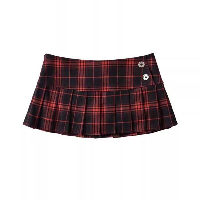 プリーツスカート レディース ローウエスト チェック柄 ミニ丈 透け防止 脚長効果 Aライン JK風 アメリカンレトロ 春夏 ギャル 通勤 ボトムス ボタンデザイン ポリエステル(4)