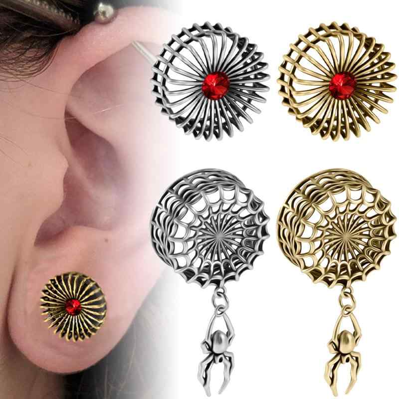 耳拡ピアス 男女兼用 レトロ ヴィンテージ 銅製 電気メッキ加工 透かし細工 コウモリモチーフ アンティークシルバー ゴールド レッド ジルコニア 吊り下げ ラウンド(x2)