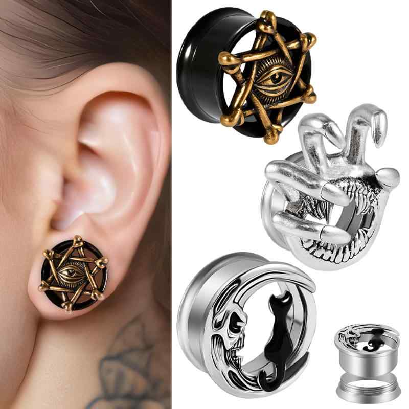 ボディピアス メンズ レディース 兼用 ユニセックス ステンレス製 耐錆性 電気メッキ加工 ダブルフレア スター アイ 黒猫 クロー 牙 耳拡張器 耳トンネル アンティークシルバー ブラック(x2)