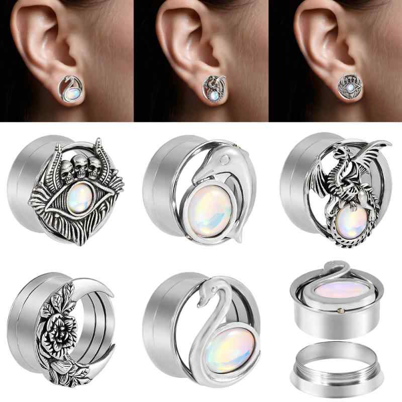 ボディピアス 男女兼用 ステンレス製 イヤーロブ 拡張ピアス スワン ドルフィン ホワイトグリッター ダブルフレア インターナルスレッド 多種デザイン(x2)