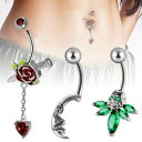 へそピアス ユニセックス ステンレス製 レッドローズ フラワーデザイン グリーンジルコニア マーキス スカル 揺れる ボディピアス 高光沢 記念日 ギフト プレゼント(x2)
