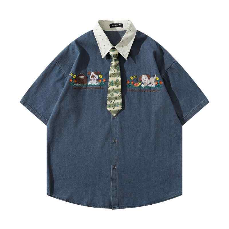 シャツ メンズ 春夏 アメリカン レトロ おしゃれ バイカラー 切り替え 犬 刺繍 半袖 ゆったり ルーズフ..