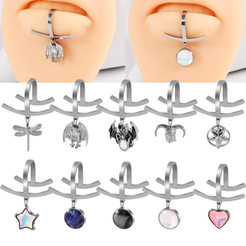 Body Earrings - イヤーカフ フェイクピアス リップリング 男女兼用 ステンレス 錆びにくい スチールカラー グリッター輝く ハート スター トンボ シェル ラウンド 個性的 ファッションアクセサリー