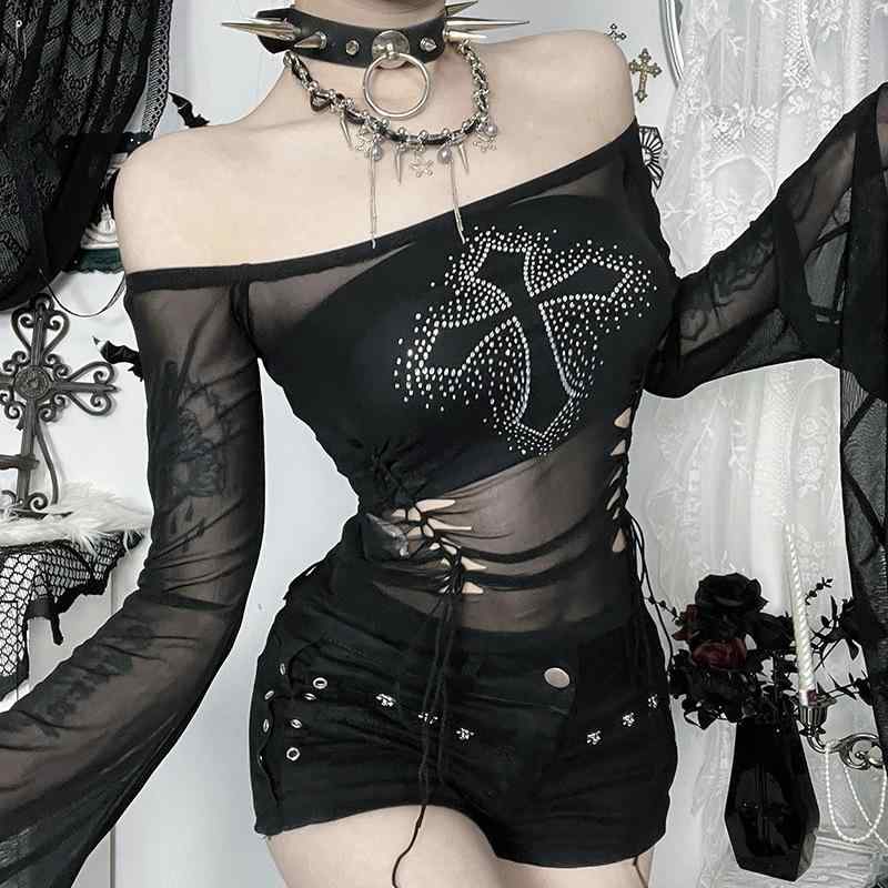 Tシャツ レディース ラインストーン オフショルダー シースルー メッシュ 十字架柄 フレアスリーブ 長袖 スリムフィット セクシー ギャル ストリート ダーク系 着回し