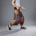 カジュアルパンツ メンズ サルエル ドロップクロッチ ロング丈 エスニック インドネパール チャイナ風 ゆったり ルーズフィット 柄物 ヨガウェア 部屋着 薄手 綿素材 伸縮性なし 春夏