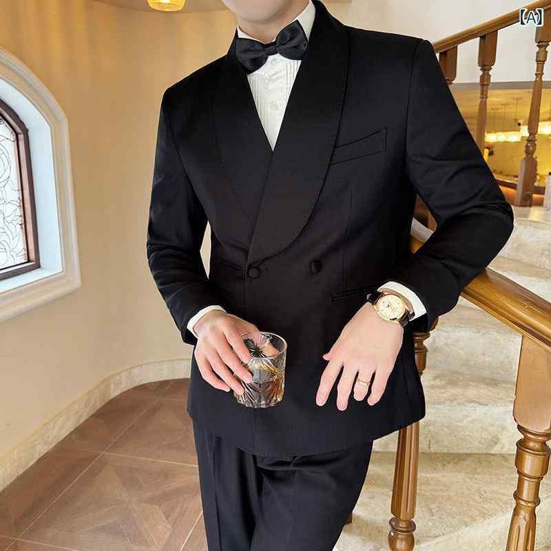 スーツ メンズ 宮廷風 ショールカラー 袖口デザイン ダブルボタン スリムフィット 形態安定 色落ちしにくい レトロ 2点セット ブラック 結婚式 パーティー 礼服 ホスト 春秋冬