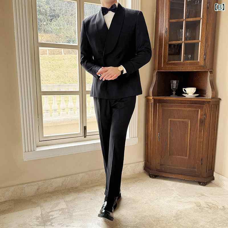 スーツ メンズ 宮廷風 ショールカラー 袖口デザイン ダブルボタン スリムフィット 形態安定 色落ちしにくい レトロ 2点セット ブラック 結婚式 パーティー 礼服 ホスト 春秋冬