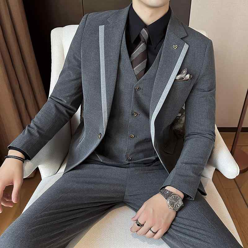 スーツ メンズ スリーピース スリムフィット ビジネス フォーマル カジュアル オフィス 通勤 切り替え シングルブレスト 1つボタン ノッチドラペル センターベント 礼服 結婚式 入学式 卒業式 セレモニー 韓国風 春秋 混紡素材