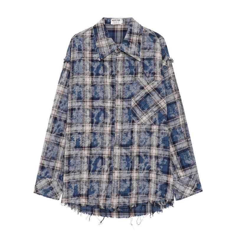 シャツ メンズ アメカジ ストリート チェック柄 タイダイ柄 長袖 ビッグシルエット ルーズフィット フリンジ 切りっぱなしデザイン ヴィンテージ コットン 春秋 カジュアル