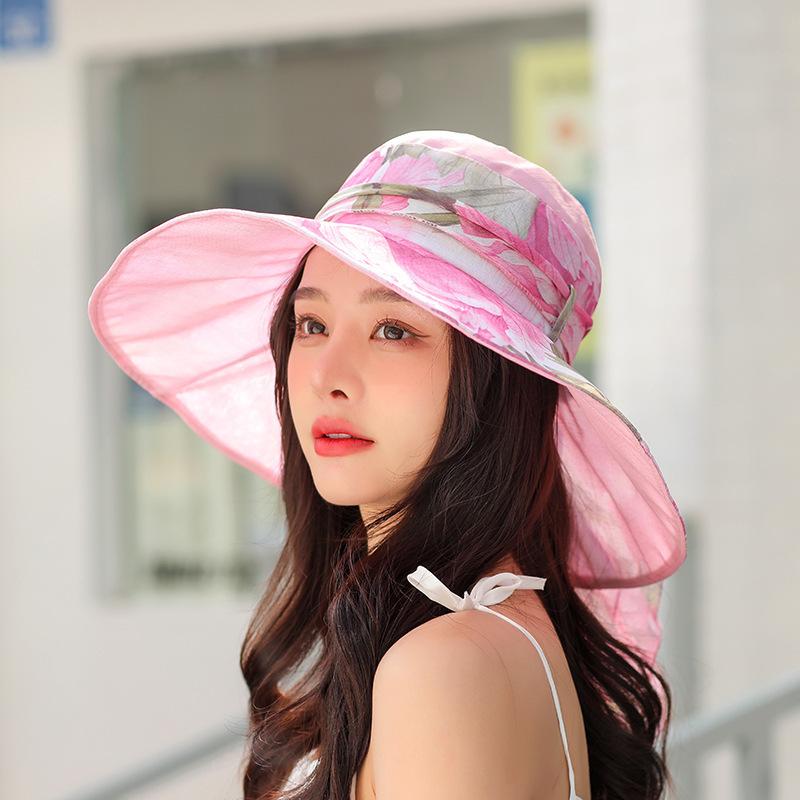 For Women - ハット レディース 春夏 UVカット 日よけ 通気性 つば広 オーガンジー 薄手 折りたたみ プリント柄 お出かけ 旅行 街歩き ショッピング 韓国ファッション