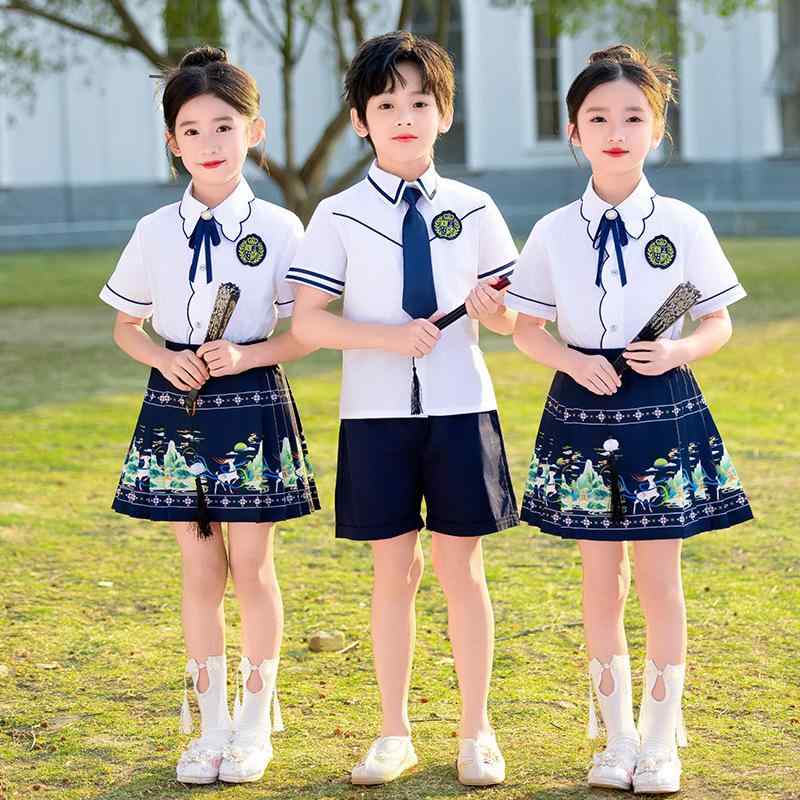 樂天商城 - スクールウェア キッズ 男女兼用 夏服 中国風 馬面スカート イギリス風 半袖 Tシャツ スカート セットアップ 幼稚園 小学生 制服 発表会 コットン混 肌に優しい 通気性