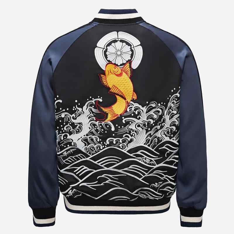 ジャケット メンズ ユニセックス カップル 中国風 重厚刺繍 錦鯉 龍門登り スタジャン ブルゾン アウター 立ち襟 ゆったり 配色切り替え ポリエステル 秋冬 カジュアル(4)