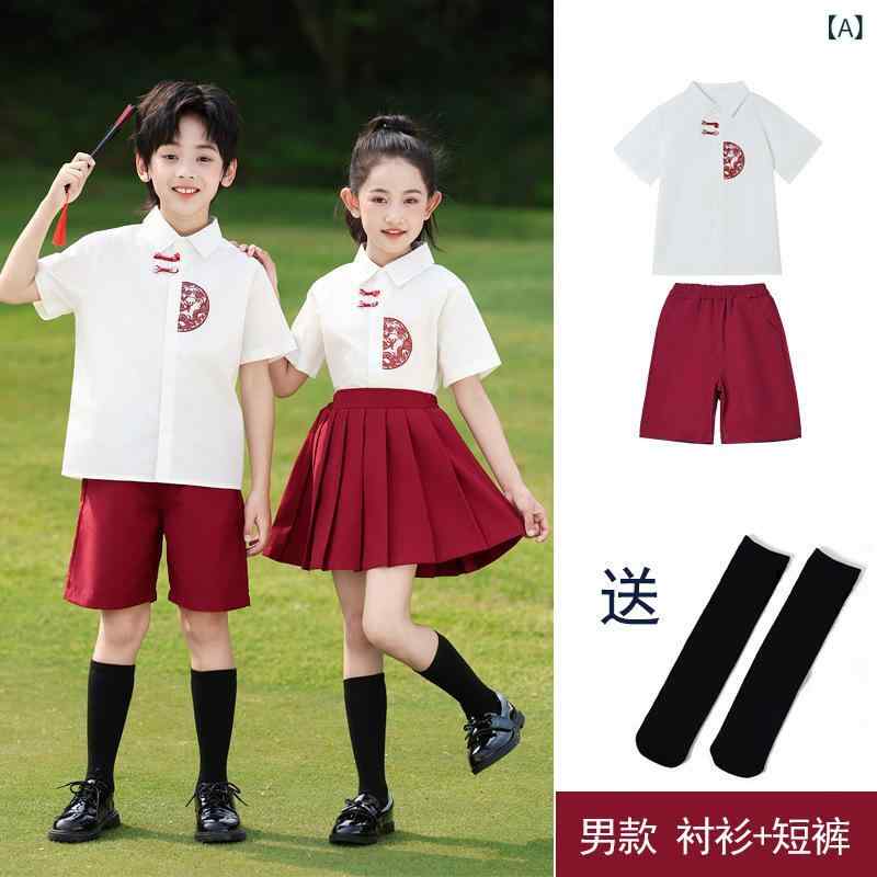 モズラボの発表会 衣装 キッズ 小学生 中国風 男女兼用 合唱 舞台 卒業写真 朗読会 制服風 半袖 上下セット 綿 柔らか 肌に優しい 吸汗速乾 春夏｜アングル2