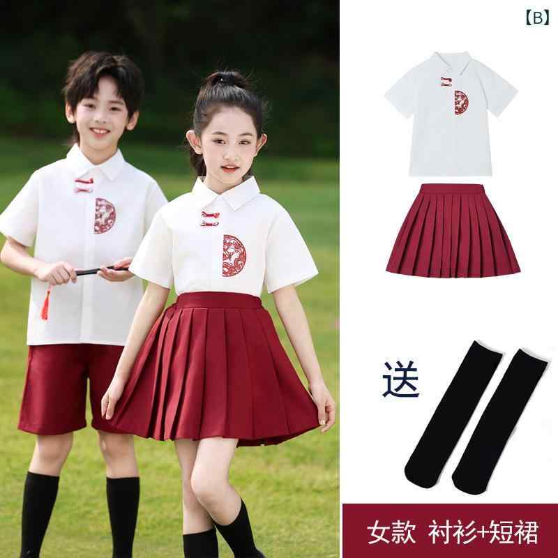 モズラボの発表会 衣装 キッズ 小学生 中国風 男女兼用 合唱 舞台 卒業写真 朗読会 制服風 半袖 上下セット 綿 柔らか 肌に優しい 吸汗速乾 春夏｜アングル3