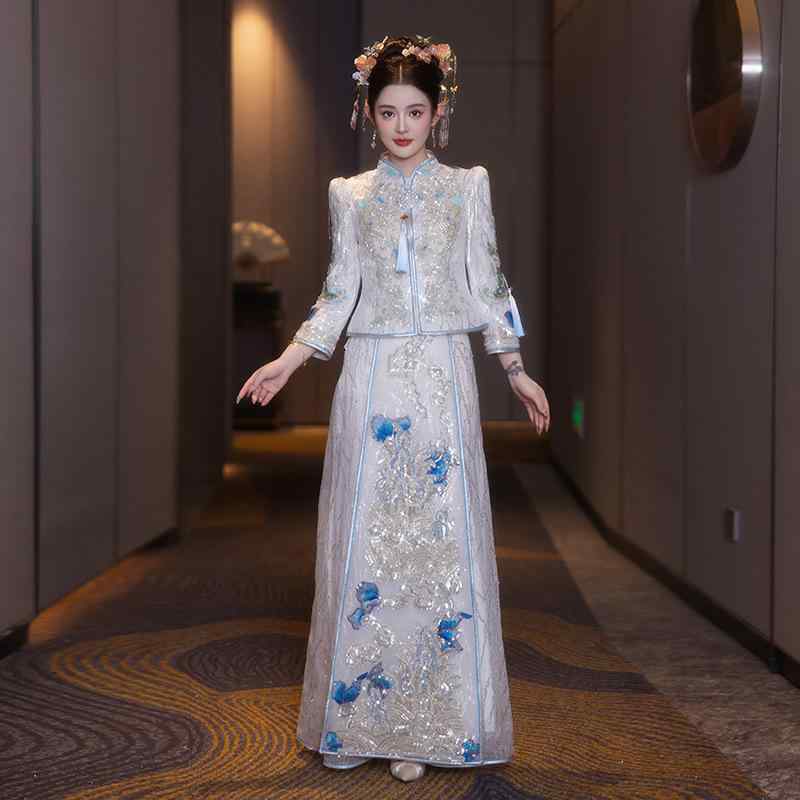 チャイナドレス レディース ブルー 結婚式 披露宴 二次会 モダンチャイナ 花嫁 婚礼衣装 ウェディング 豪華 立体ビーズ装飾 高級感 スタンドカラー 九分袖 Aライン ロング フォーマル パーティー