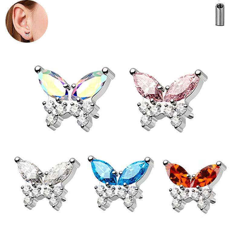 Body Earrings - ボディピアス 男女兼用 銅製 ジルコニア 蝶々 バタフライモチーフ 耳たぶ 軟骨 鼻 リップ 口用 欧米風 ホワイト ブルー ピンク レッド オーロラカラー アクセサリーパーツ