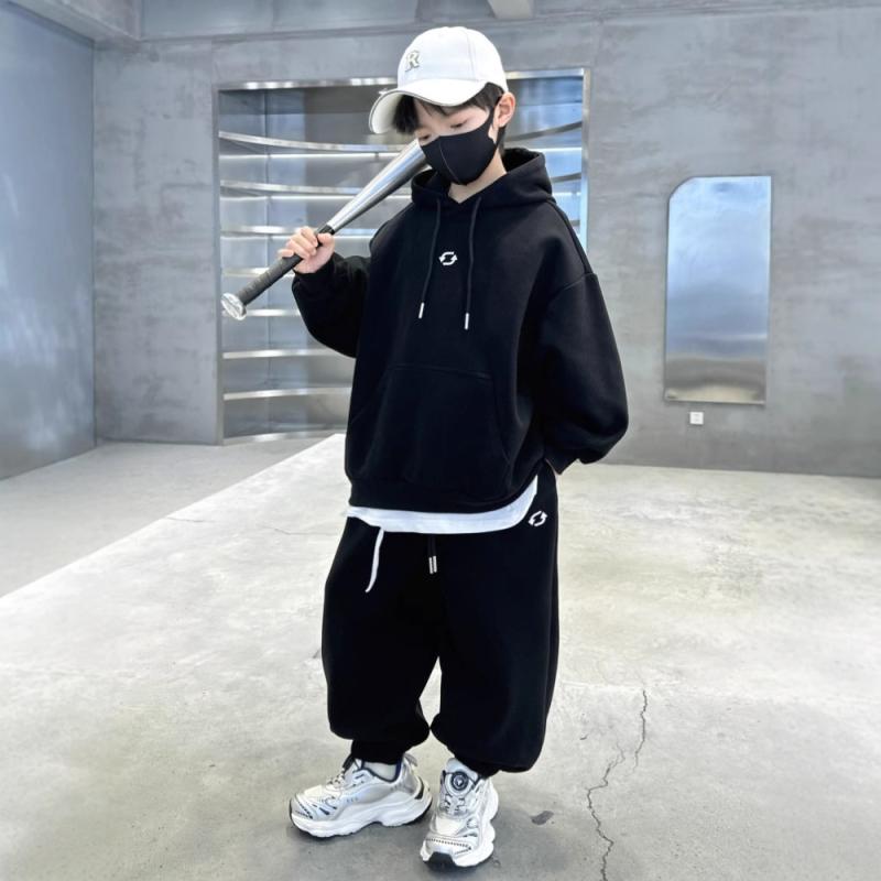 セットアップ 男の子 ジュニア 男児 春秋 長袖 プルオーバー スウェット トレーナー カジュアル ストリート スポーツ 普段着 韓国風 綿 コットン おしゃれ グレー ブラック