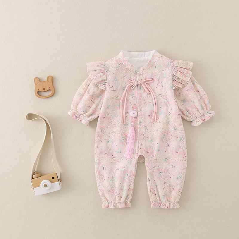 ロンパース 女の子 ベビー キッズ 綿100% 春秋 長袖 ダブルレイヤー 透かし編み グラデーション プリン..