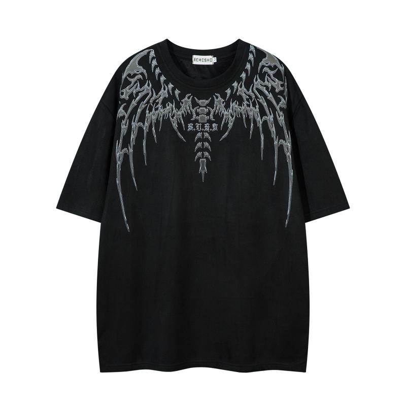 Tシャツ メンズ ゆったり ルーズフィット 骨格デザイン スケルトン スエード調 半袖 夏物 カジュアル ストリート系 個性的 カップル ペアルック お揃い クルーネック ポリエステル素材