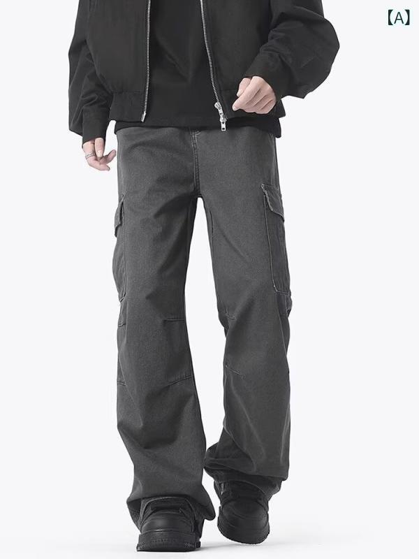 デニムパンツ メンズ レディース 微ストレッチ 耐久性 マルチポケット レトロ アメカジ ユーズド加工 ワイド ワーク ストレート ルーズシルエット 高級感 春秋 フルレングス デイリー