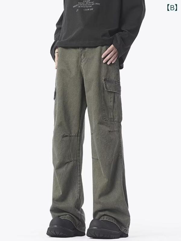 デニムパンツ メンズ レディース 微ストレッチ 耐久性 マルチポケット レトロ アメカジ ユーズド加工 ワイド ワーク ストレート ルーズシルエット 高級感 春秋 フルレングス デイリー