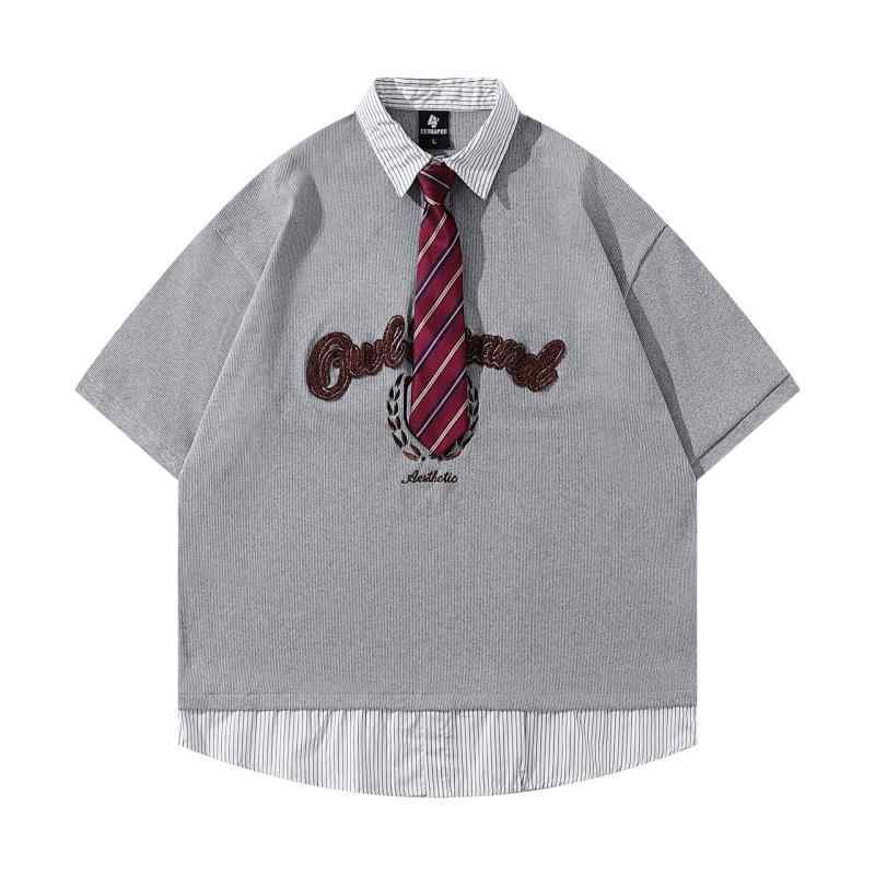 ・カテゴリ: Tシャツ・スタイル: アメリカンヴィンテージ・主な素材: ポリエステル80%・素材特徴: 高い色堅牢度・生地の重さ: 約220～430g・デザイン: プルオーバー・デザイン詳細: フェイクレイヤード・ネックライン: ポロカラー・袖丈: 半袖・袖タイプ: レギュラー・柄: 数字、アルファベット・加工: 刺繍・シルエット: ルーズフィット・厚さ: 普通・性別: メンズ・対象年齢: 大人・着用シーン: カジュアル・カラー展開: グレー、ブルー・サイズ展開: M、L, XL