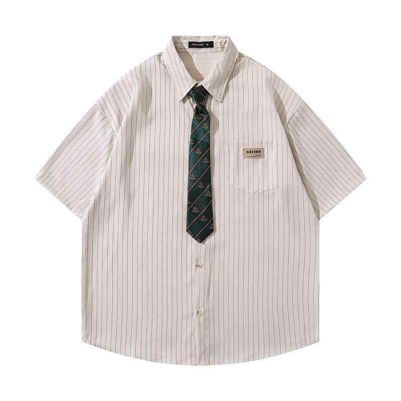 シャツ メンズ ノーアイロン 形態安定 色落ちしにくい 半袖 日系 レトロ ストライプ ネクタイ付き アカデミー スタイル ゆったり ルーズフィット 着回し ポリエステル カジュアル 春夏 M L XL