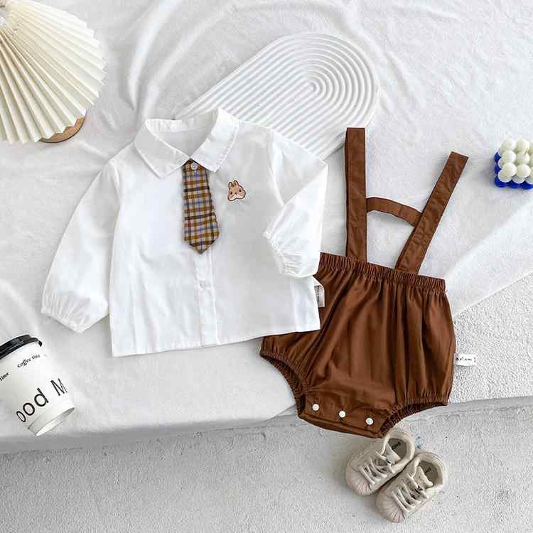 ベビー服 ロンパース サロペットパンツ セット コットン 長袖 春秋 プレッピースタイル 1歳 誕生日 記念撮影 股下スナップ ボタン開閉 男女兼用 コーヒーブラウン 70cm 80cm 90cm 100cm